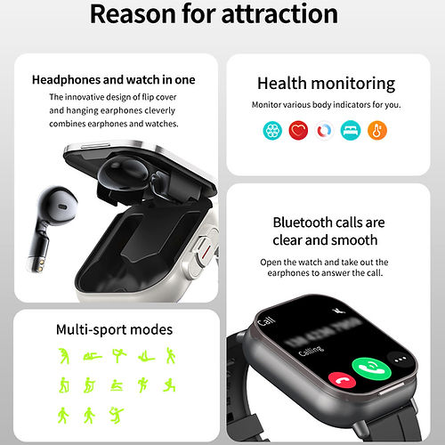 BT Call Blue Tooth Headphones Watches 2.01" Headset 2 in 1 Smart Watch